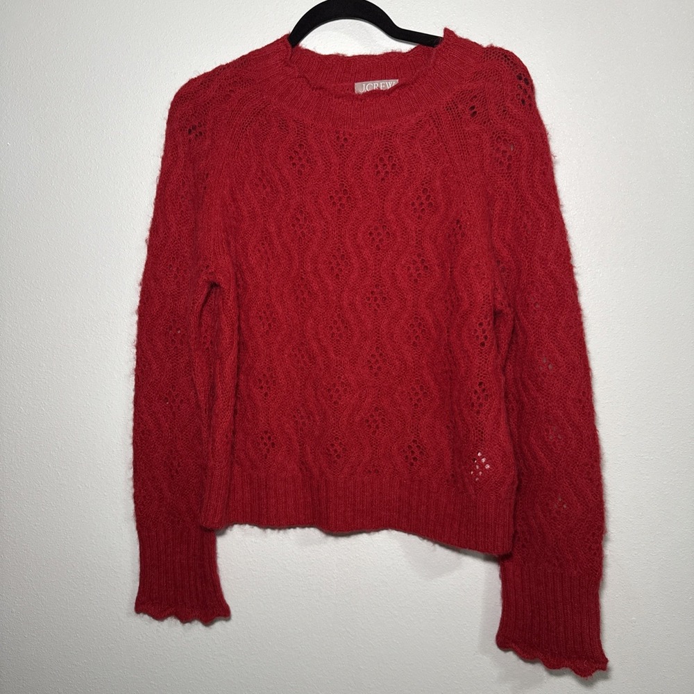 J. Crew Womens Pointelle‎ Scallop Trim Sweater Red Alpaca Wool Blend Fuzzy Small